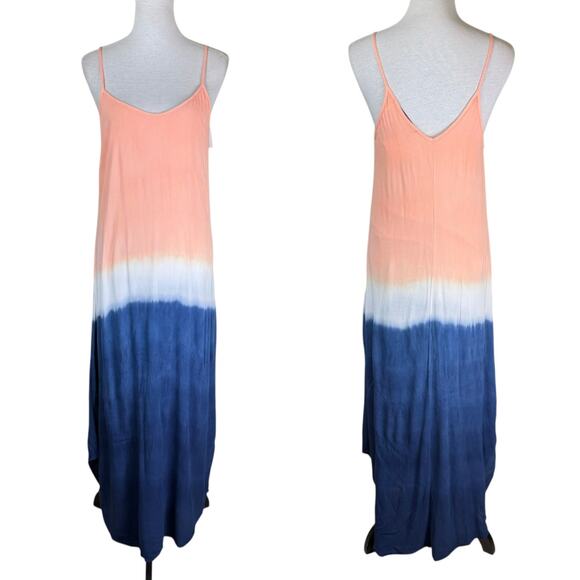 Fraiche by J NWT Peach & Navy Ombre Strappy Flowing Vacation Maxi Dress Cruise - Picture 1 of 10